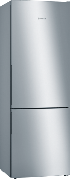 Silberner Bosch-Kühlschrank mit zwei Türen, vor weißem Hintergrund.