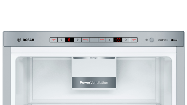 Bosch Kühlschrank Innenraum. Anzeigen zeigen '8' und '-88'. Weißer Innenraum mit PowerVentilation. Oberes Bedienfeld.