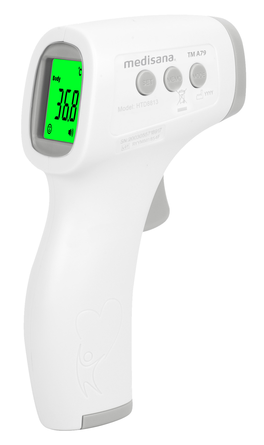 Weißes digitales Thermometer mit grüner Anzeige, die 36,8 Grad anzeigt.