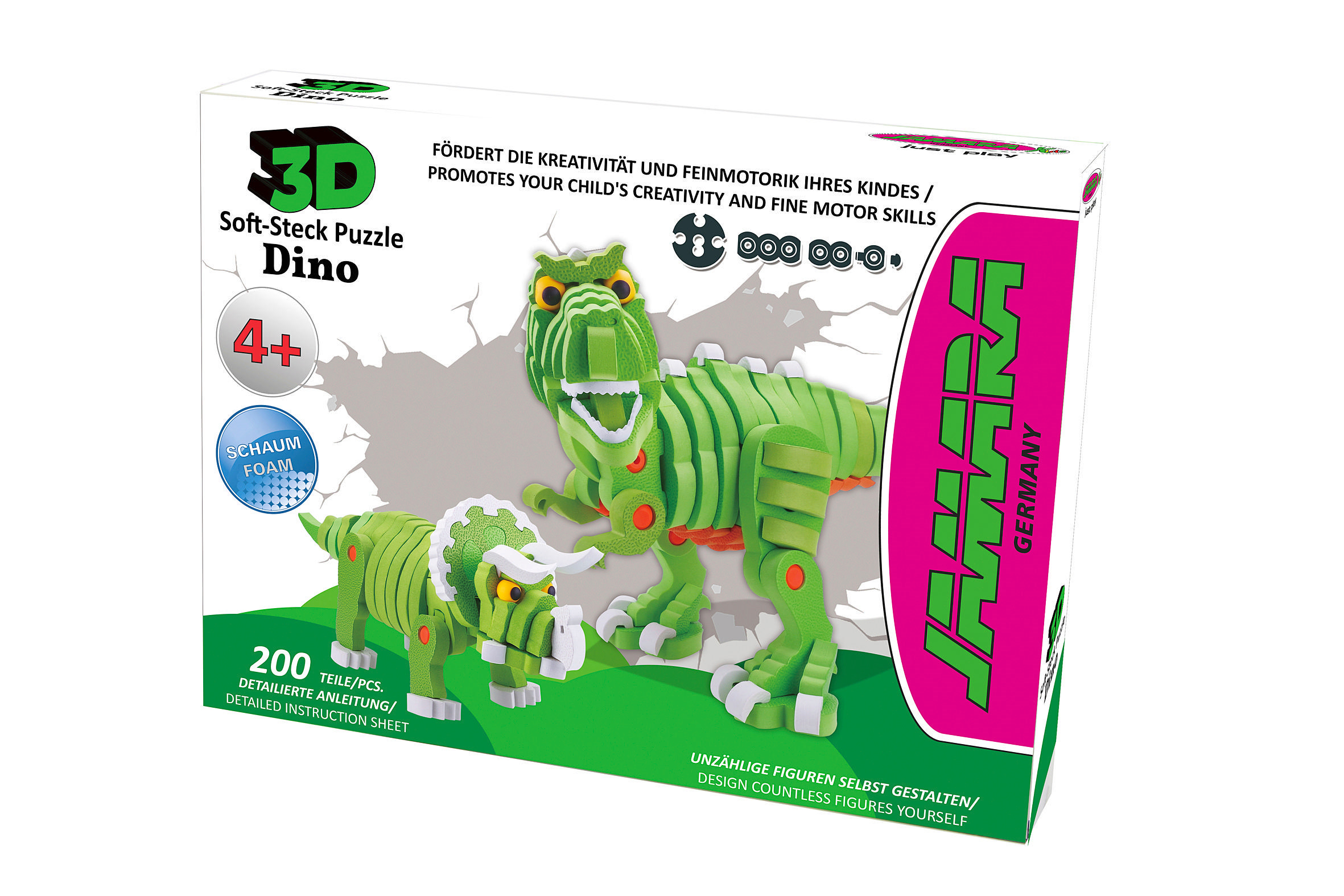 Ein 3D-Dinosaurier-Puzzlespielzeug mit einem grünen T-Rex und einem grünen Triceratops auf weißem Hintergrund.