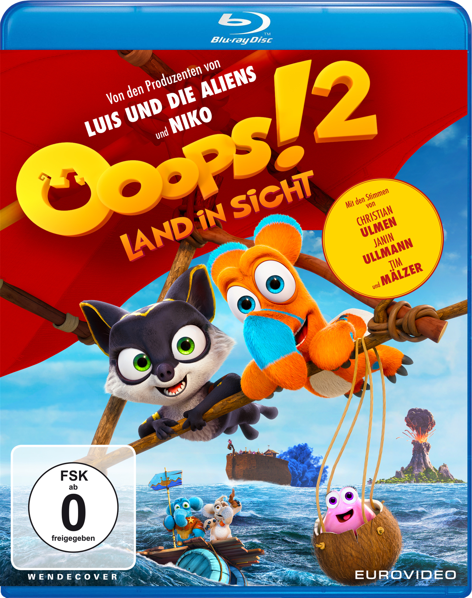 Blu-ray-Cover für "Oops! 12". Enthält Zeichentrickfiguren auf einem Schiff auf See mit einem Vulkan im Hintergrund.