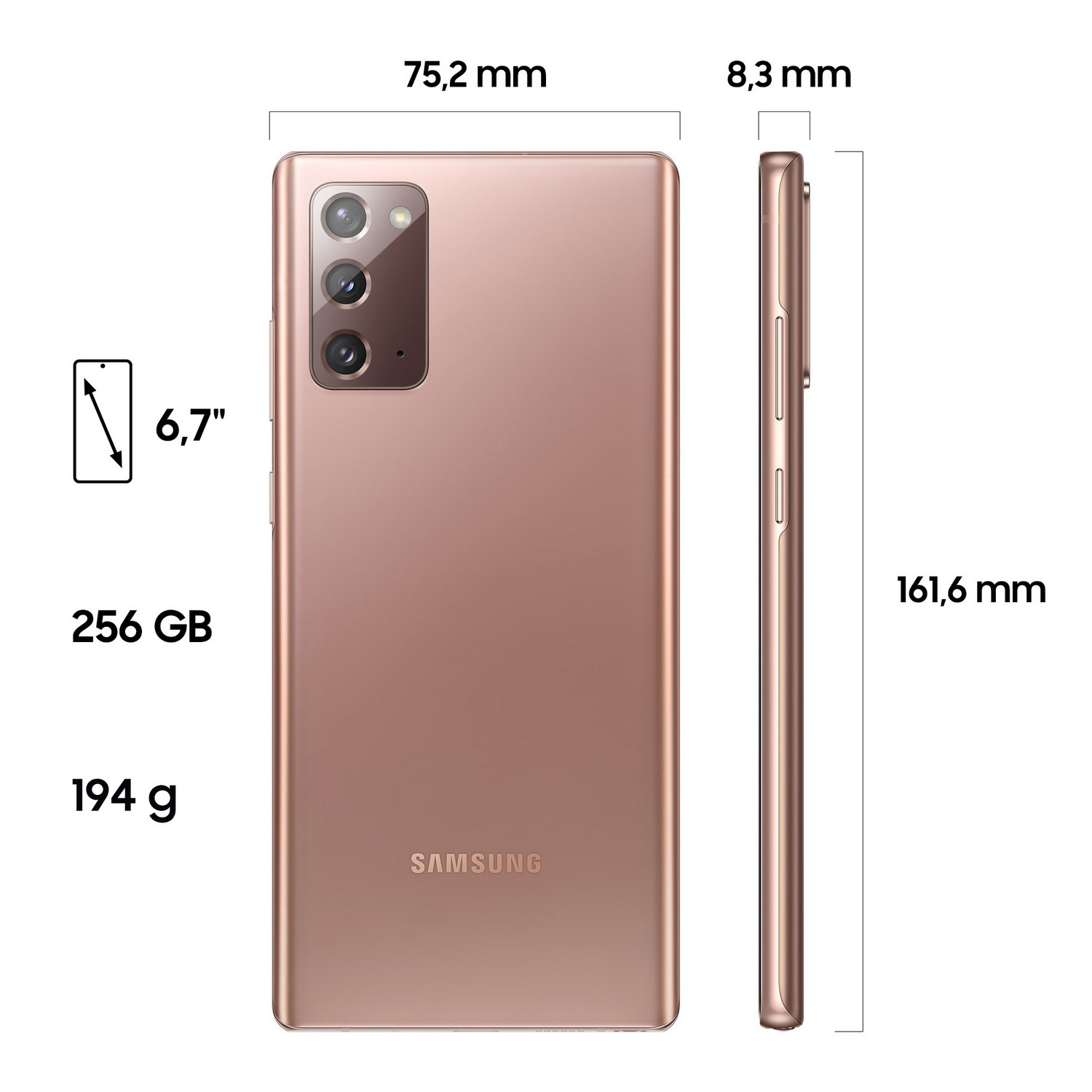 Móvil - Samsung Galaxy Note 20 4G, Bronce, 256GB, 8GB RAM, 6.7" FHD+, Exynos 990, 4300 mAh, S Pen, Android