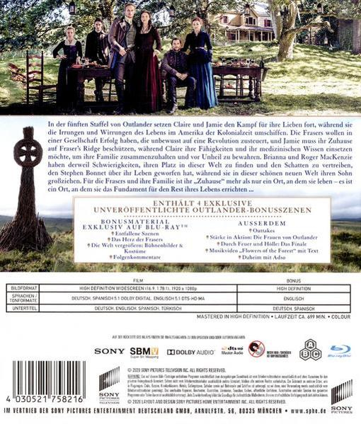 Outlander DVD-Hülle Rückseite. Menschen auf einem Feld, Text und Logos.