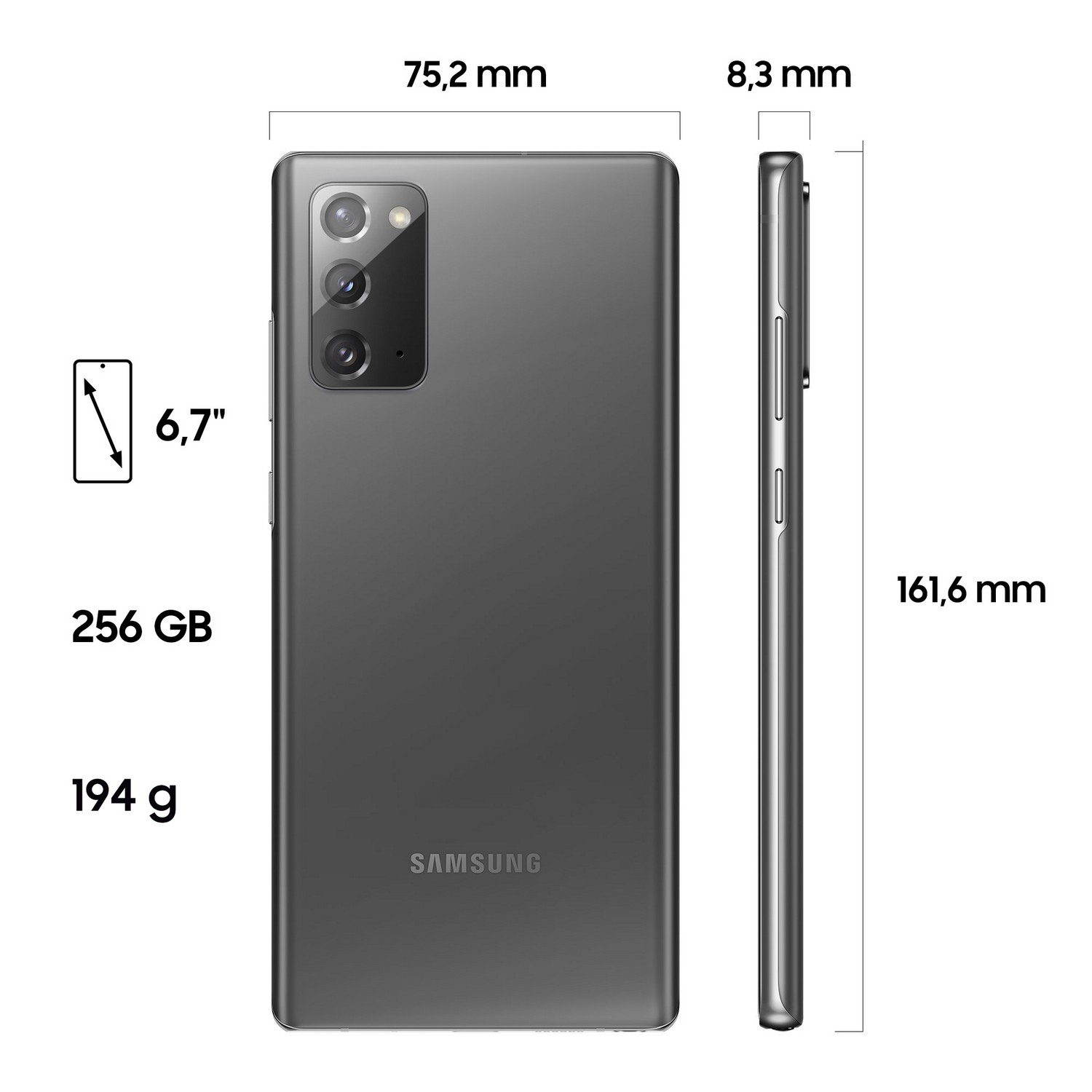 Móvil - Samsung Galaxy Note 20 4G, Gris, 256GB, 8GB RAM, 6.7" FHD+, Exynos 990, 4300 mAh, S Pen, Android
