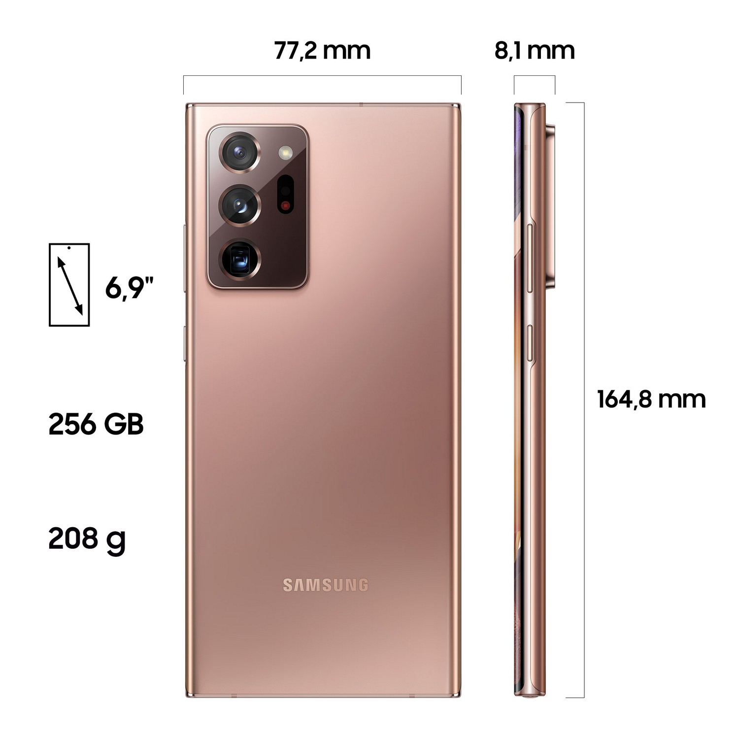 Smartphone de oro rosa con dimensiones y características mostradas junto a él.