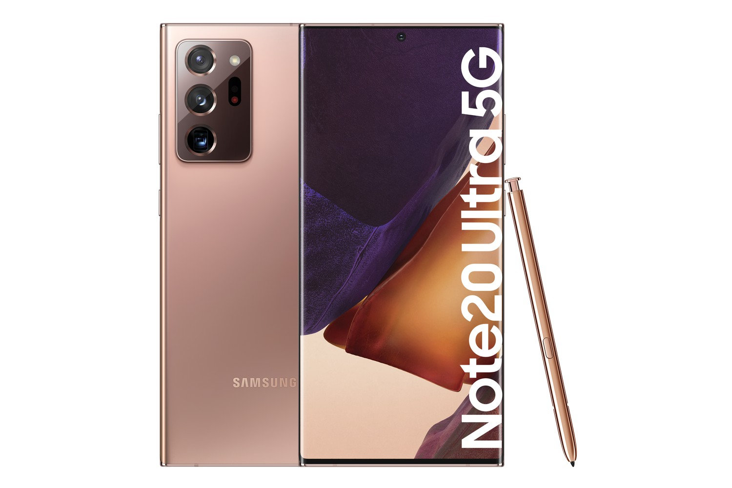 Un teléfono Samsung Note20 Ultra 5G oro rosa, con la pantalla mostrando la parte trasera del teléfono y un lápiz óptico.