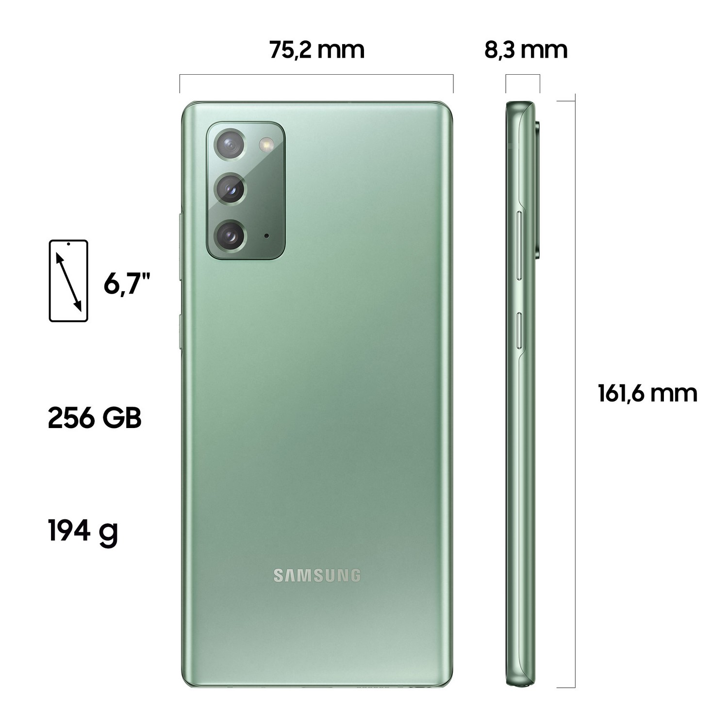 Móvil - Samsung Galaxy Note 20 4G, Verde, 256GB, 8GB RAM, 6.7" FHD+, Exynos 990, 4300 mAh, S Pen, Android