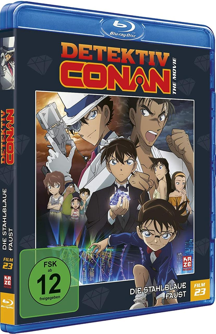 Detektiv Conan DVD-Cover. Gruppe von Charakteren, Stadtkulisse, Detektivthema.