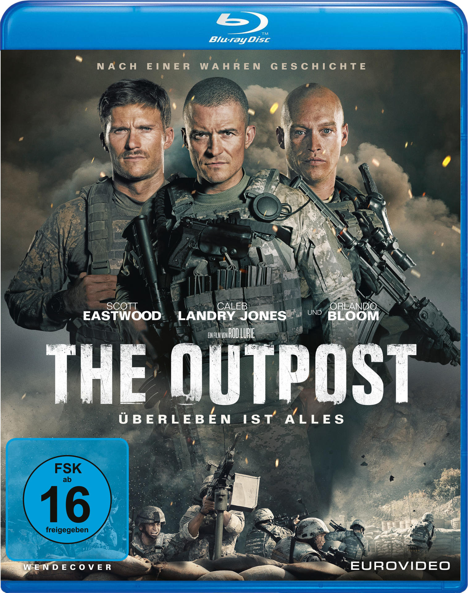 Filmcover, "The Outpost". Drei Soldaten, Waffen. Text, 
