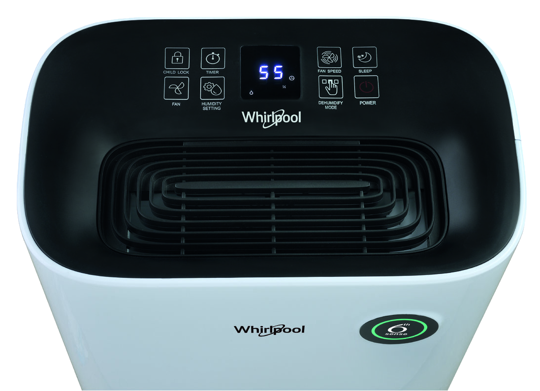 Fehér és fekete Whirlpool párátlanító vezérlőpanellel.