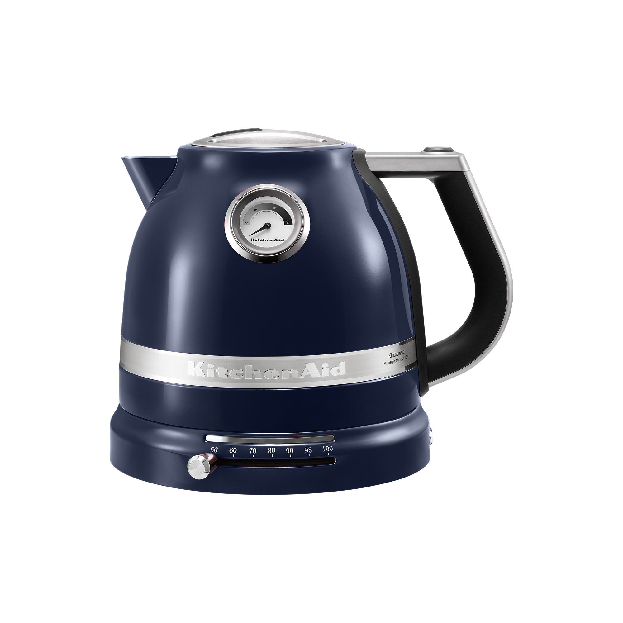 Dunkelblauer KitchenAid Wasserkocher mit Thermometer und Temperaturregler.