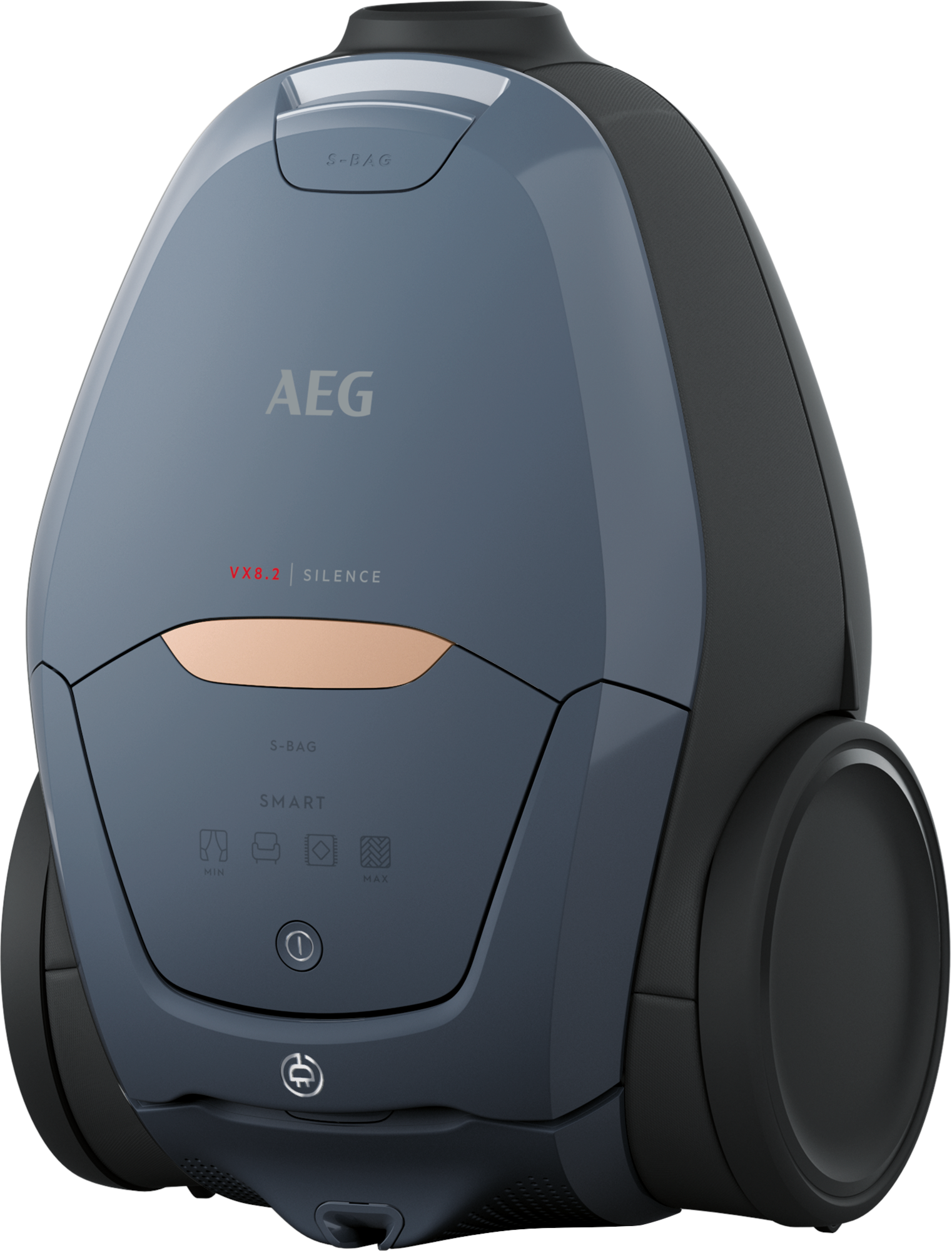 Ein dunkelblauer AEG-Staubsauger. Der Staubsauger hat eine runde Form und schwarze Akzente.