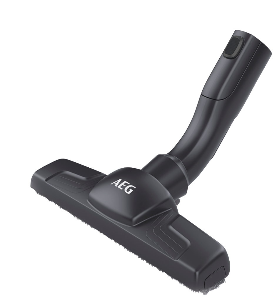 Schwarz-grauer Staubsaugeraufsatz. AEG-Markenname darauf.