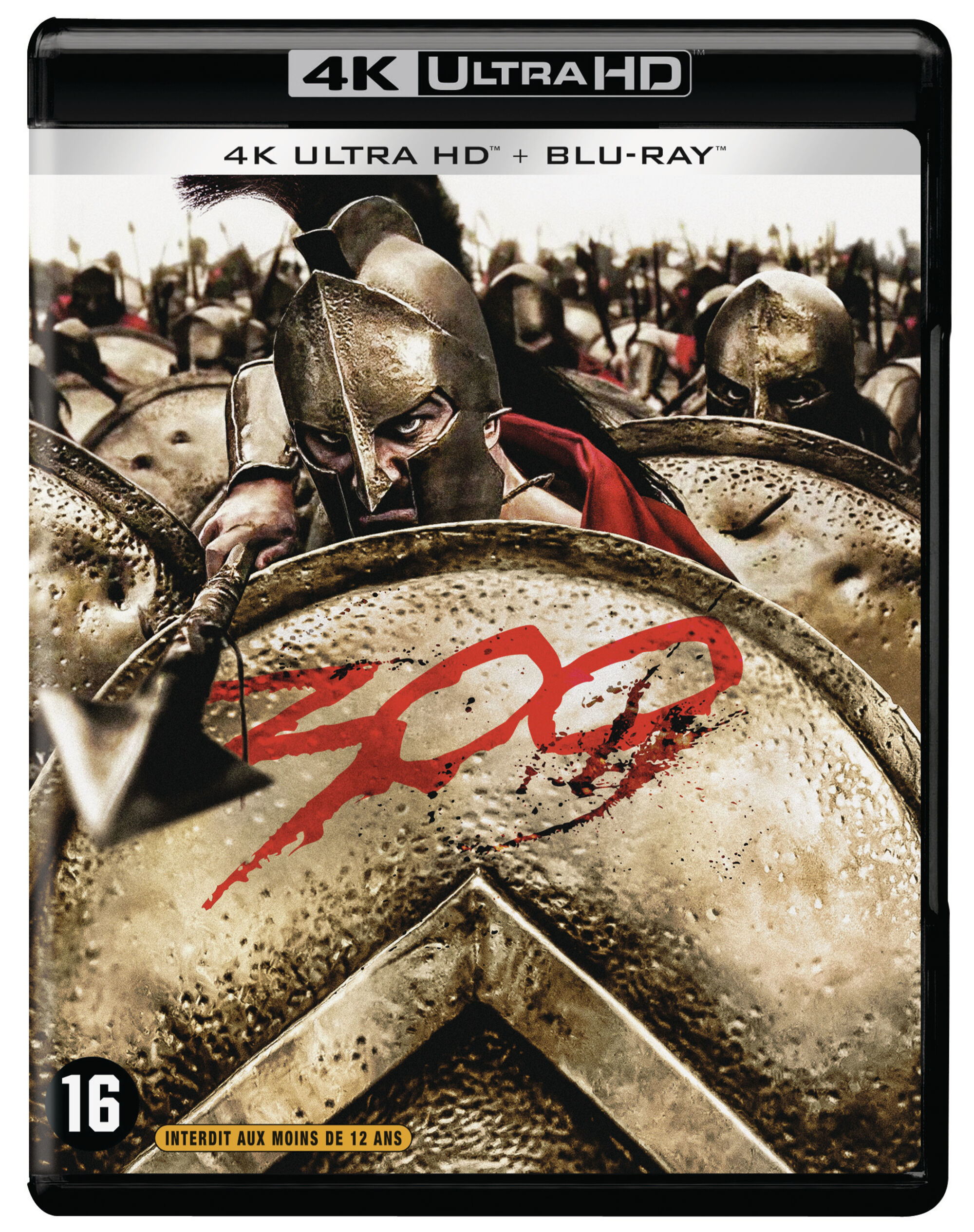 DVD-hoes voor '300', met een Spartaanse krijger met schild en speer. 4K Ultra HD en Blu-ray label.
