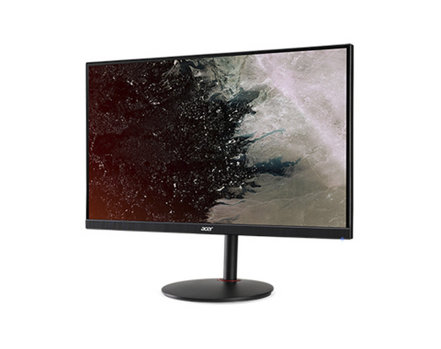 Un monitor de computadora con base negra y pantalla vibrante de paisaje.