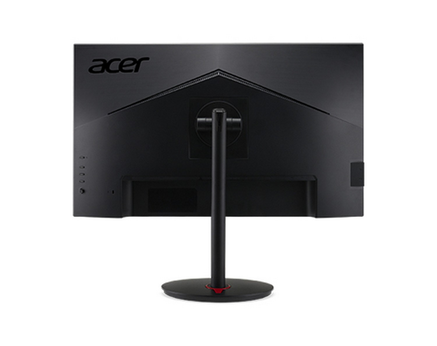 La parte trasera de un monitor de computadora con el logo de Acer y soporte sobre un fondo blanco.