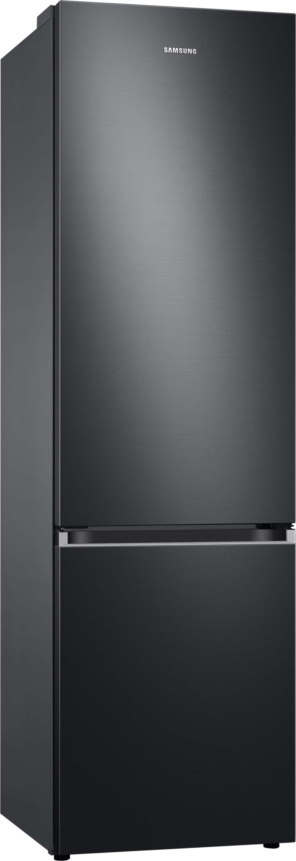 Schwarzer Samsung Kühlschrank mit zwei Türen, vor weißem Hintergrund.