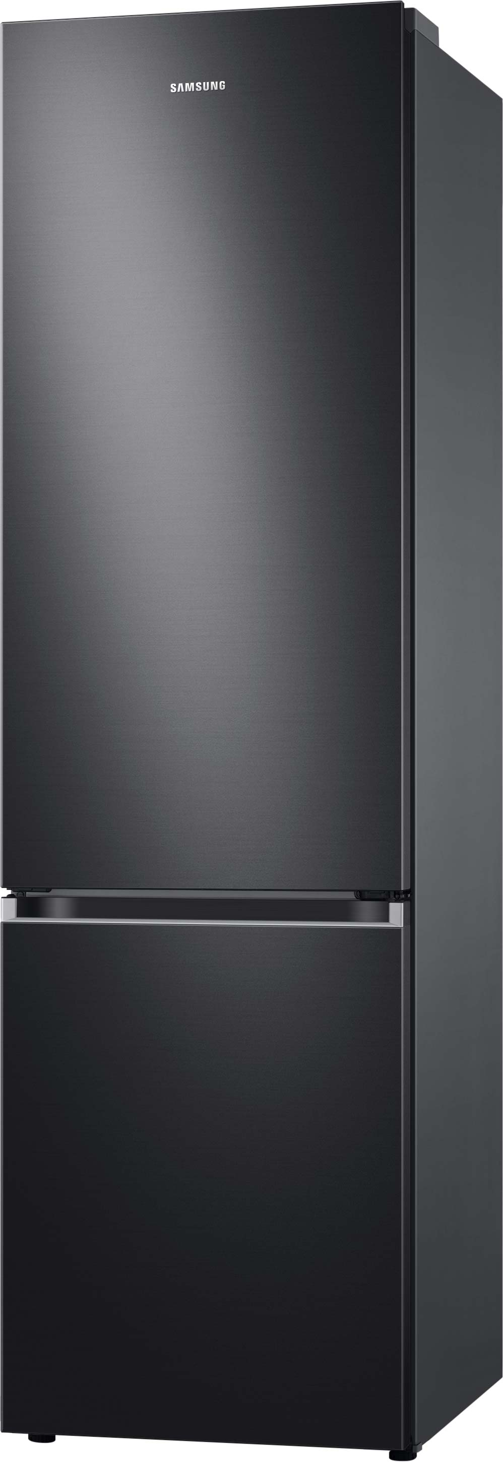 Ein weißer und silberner Kühlschrank mit geschlossenen Türen. Das Samsung-Logo befindet sich oben.