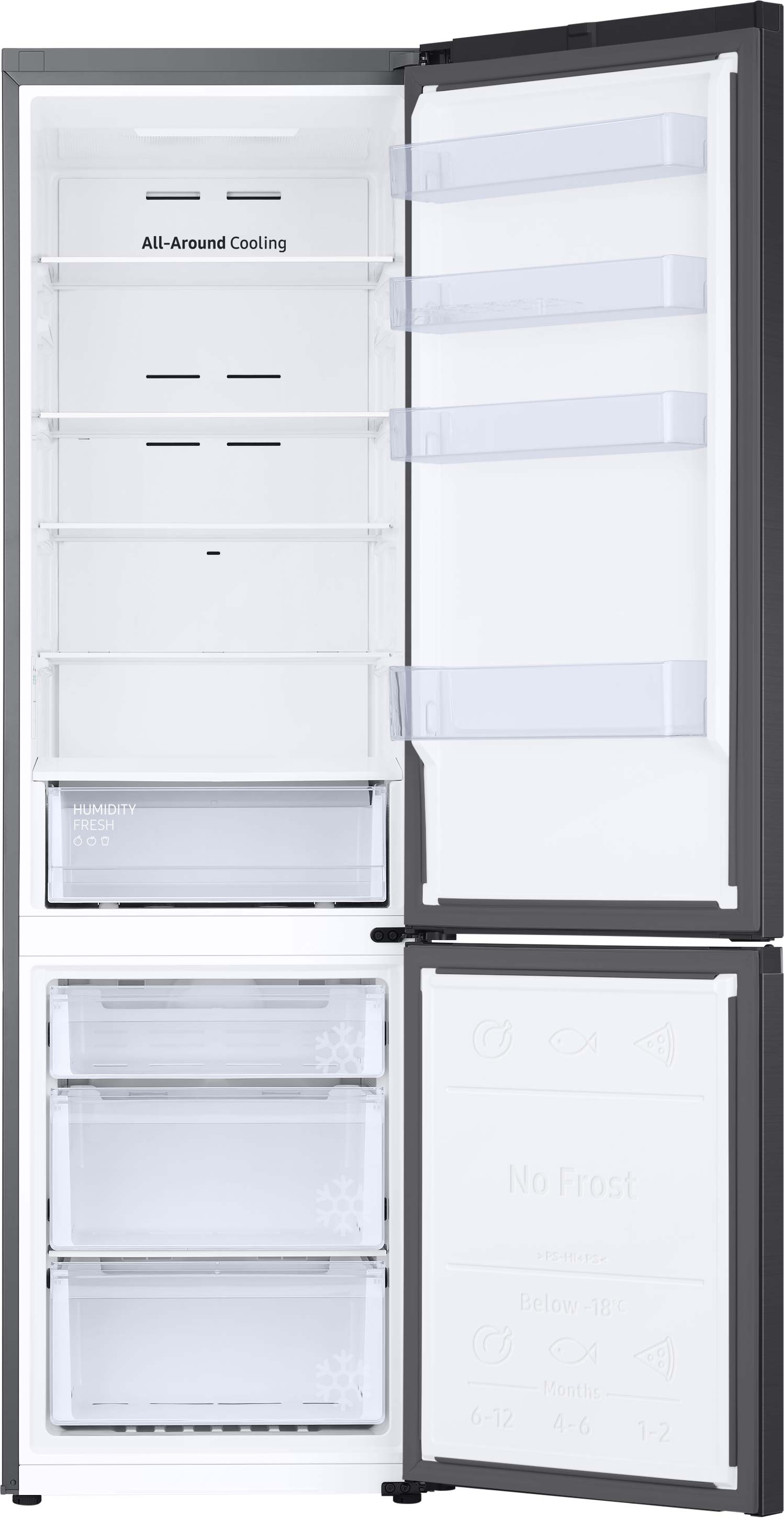 Ein offener, schwarzer Kühlschrank mit mehreren Regalen und Schubladen.