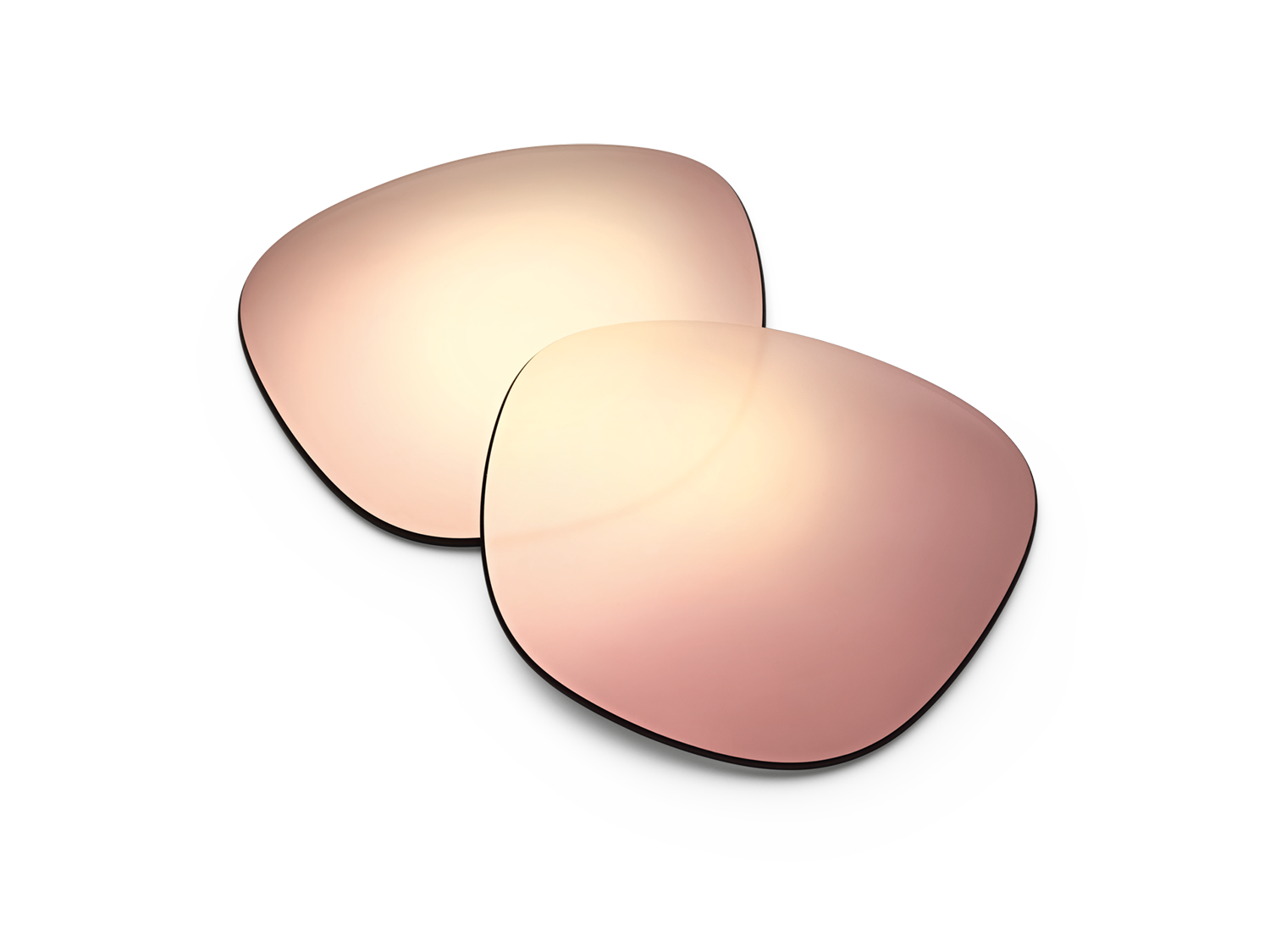 Two rose-tinted sunglasses lenses are displayed on a black background.