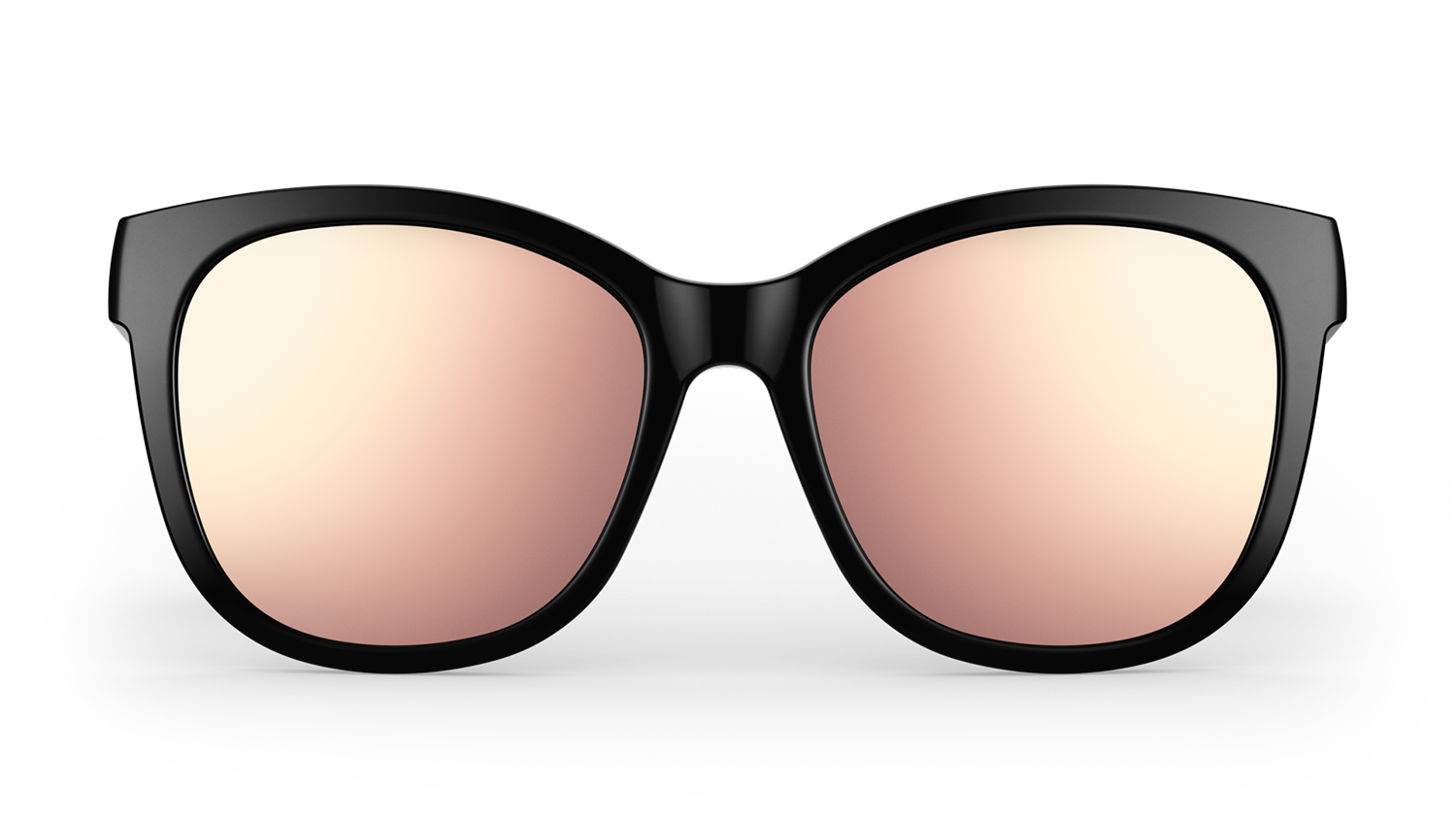 Black sunglasses with rose-gold tinted lenses, centered on a black background.