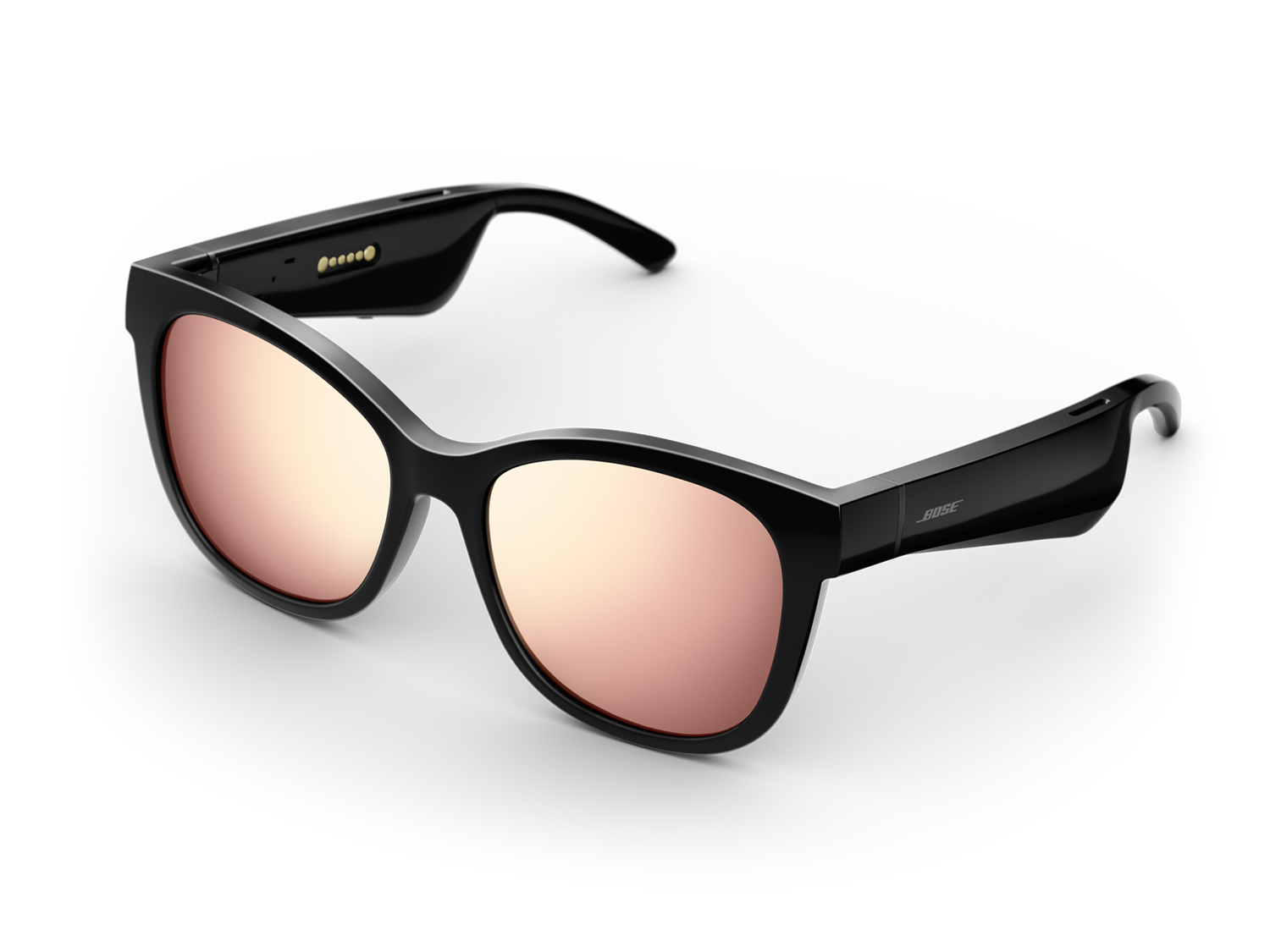 Black Bose sunglasses with rose-tinted lenses. The frame and arms are visible against a black background.