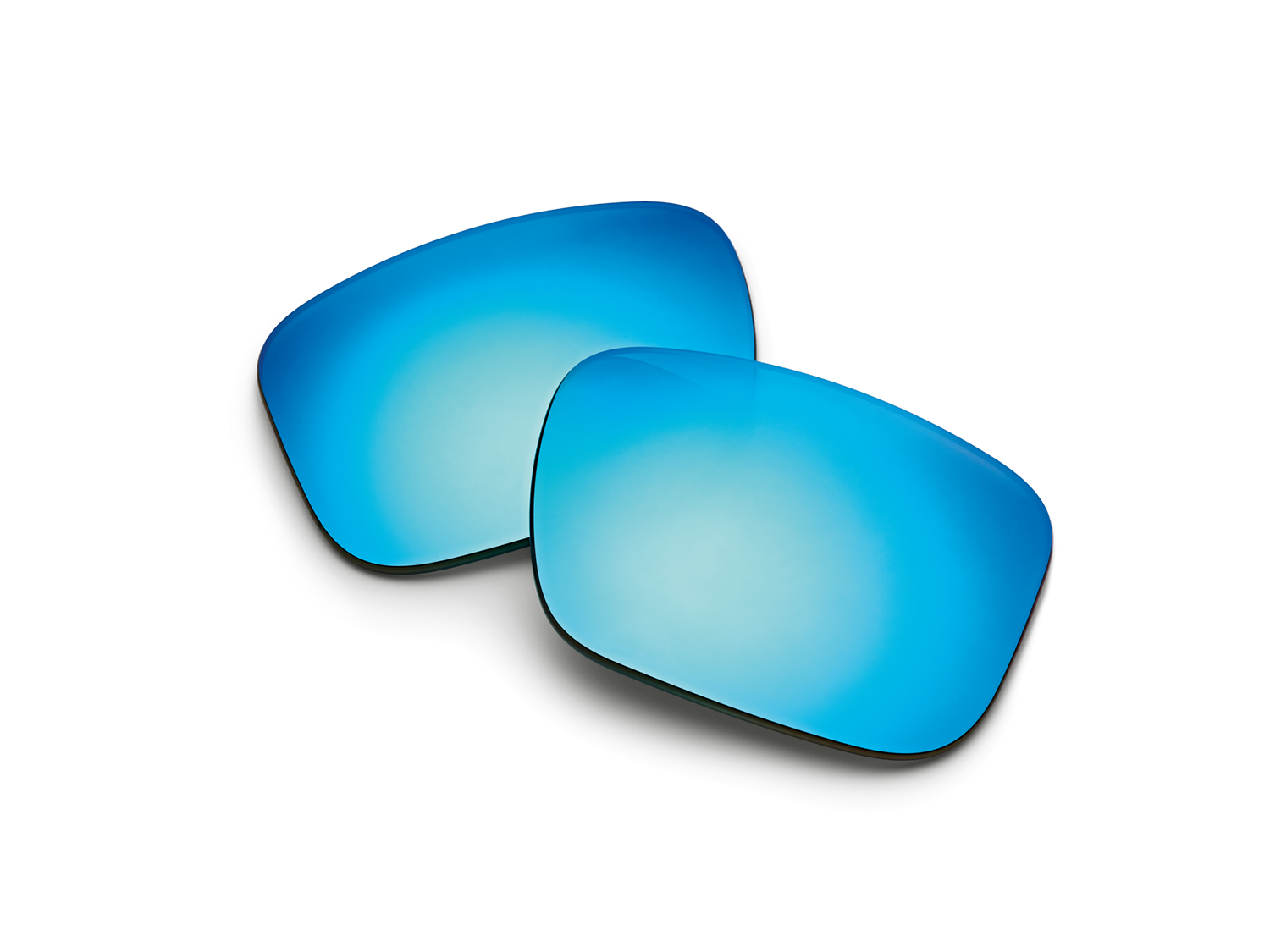 Two blue mirrored sunglasses lenses on a black background.