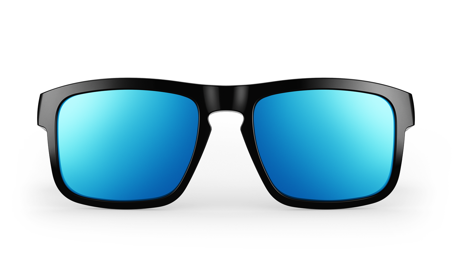 A pair of black sunglasses with blue lenses on a black background.