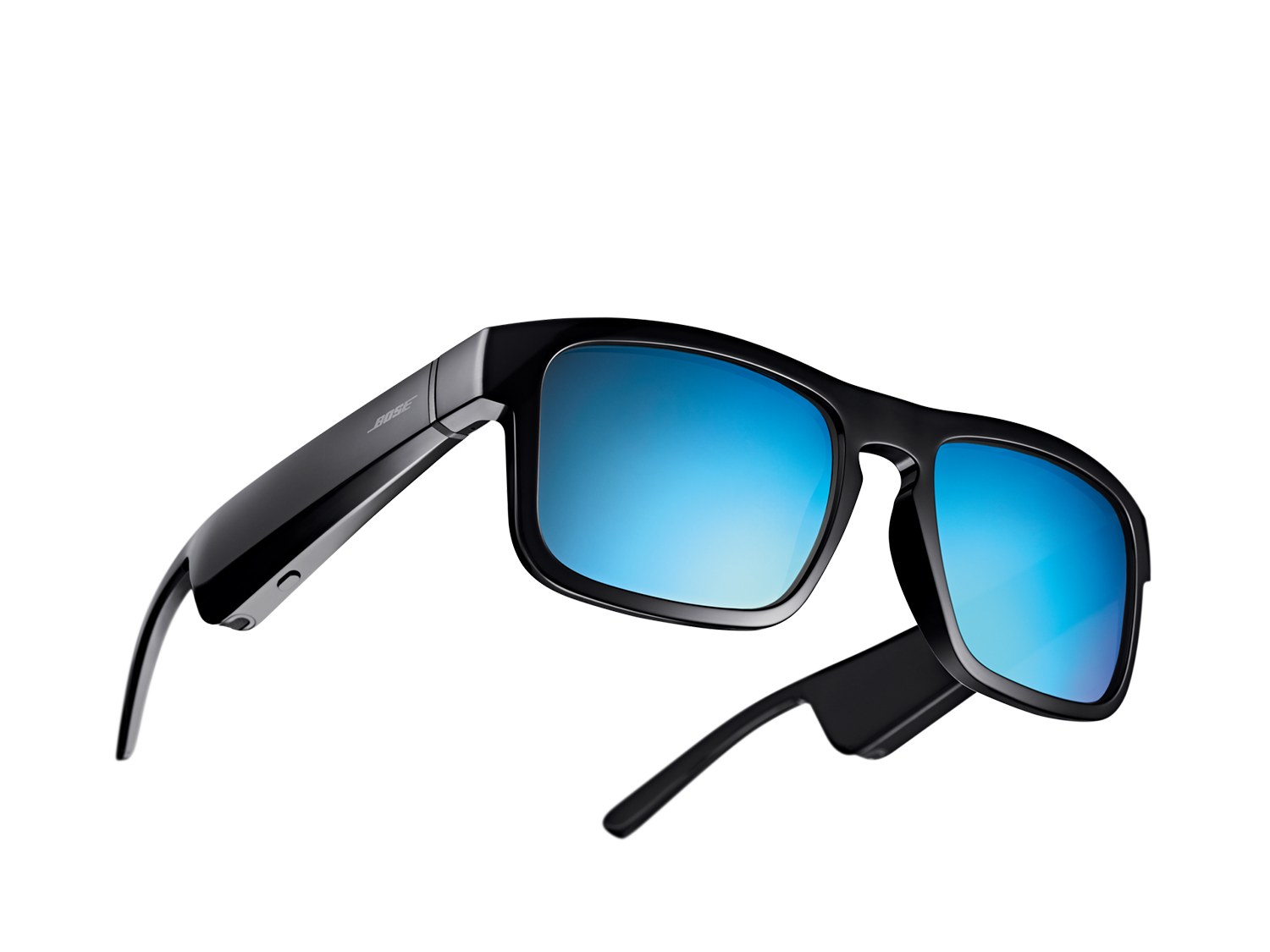 Black Bose sunglasses with blue mirrored lenses.