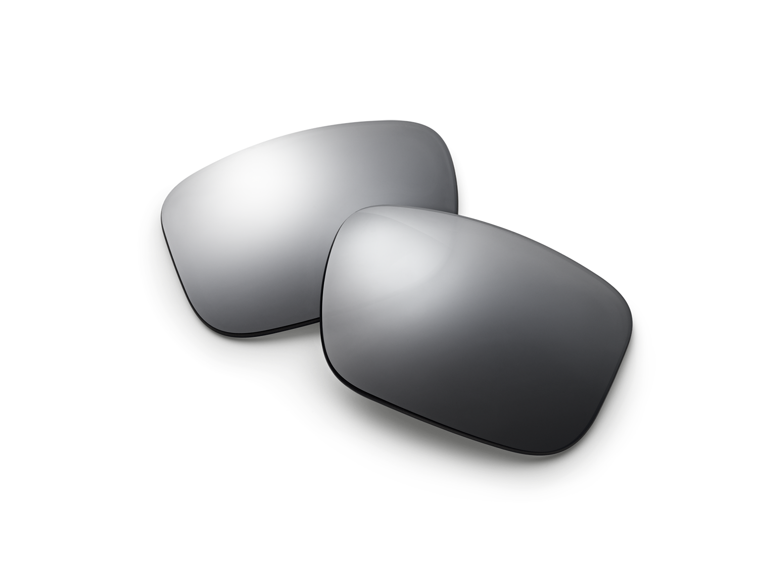 Two reflective sunglass lenses, silver-gray, against a black background. The lenses are overlapping, with rounded corners.