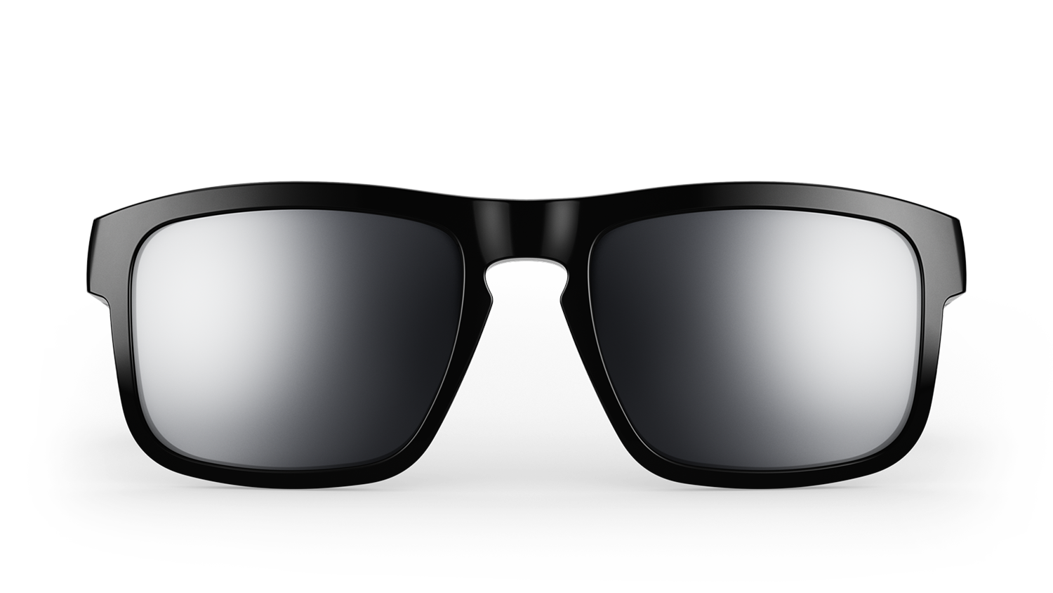 Black sunglasses with reflective lenses on a black background. The glasses have a thick frame.