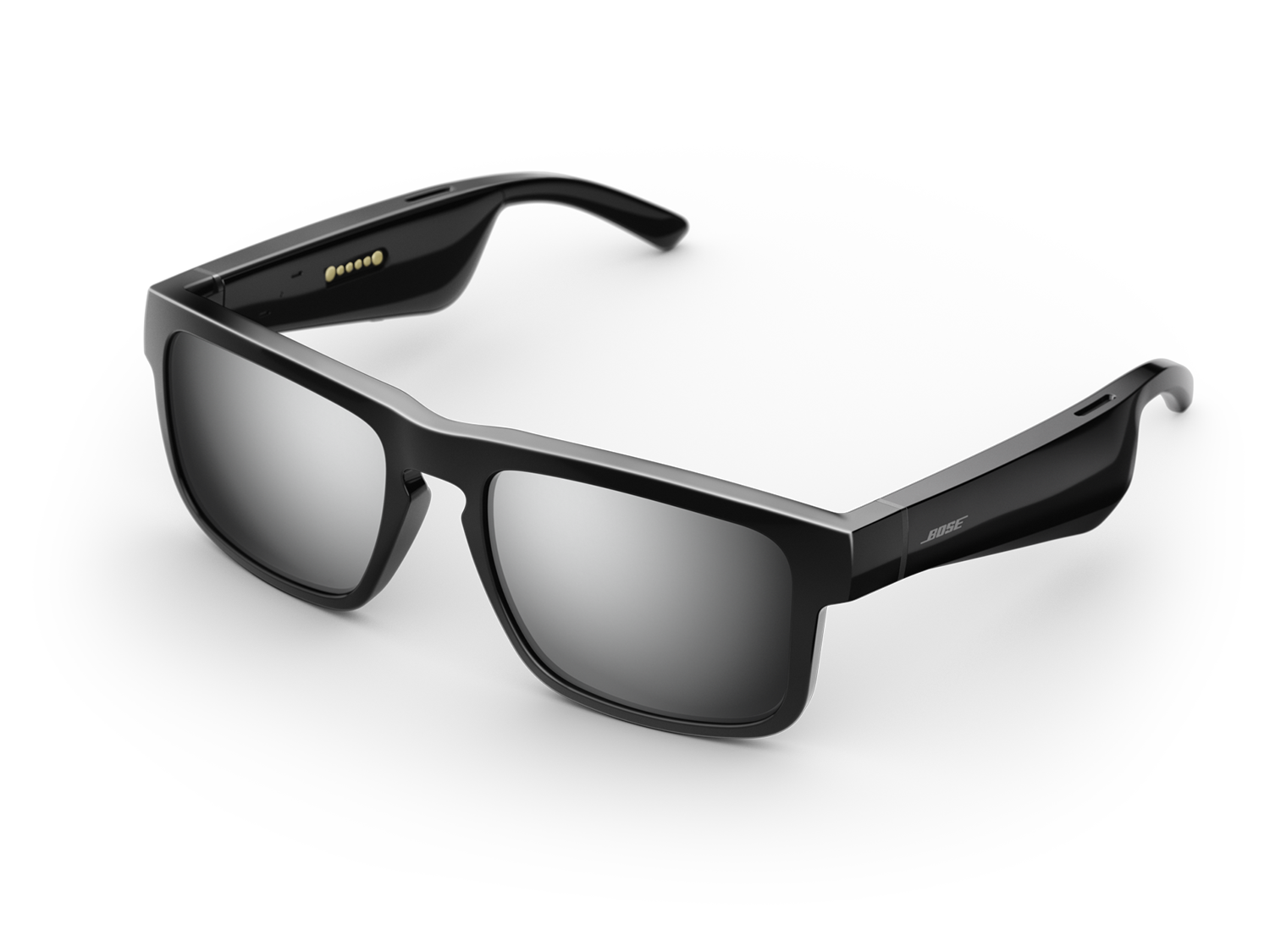 Black sunglasses with reflective lenses. The frame is thick and rectangular. Bose logo is visible on the arm. Black background.