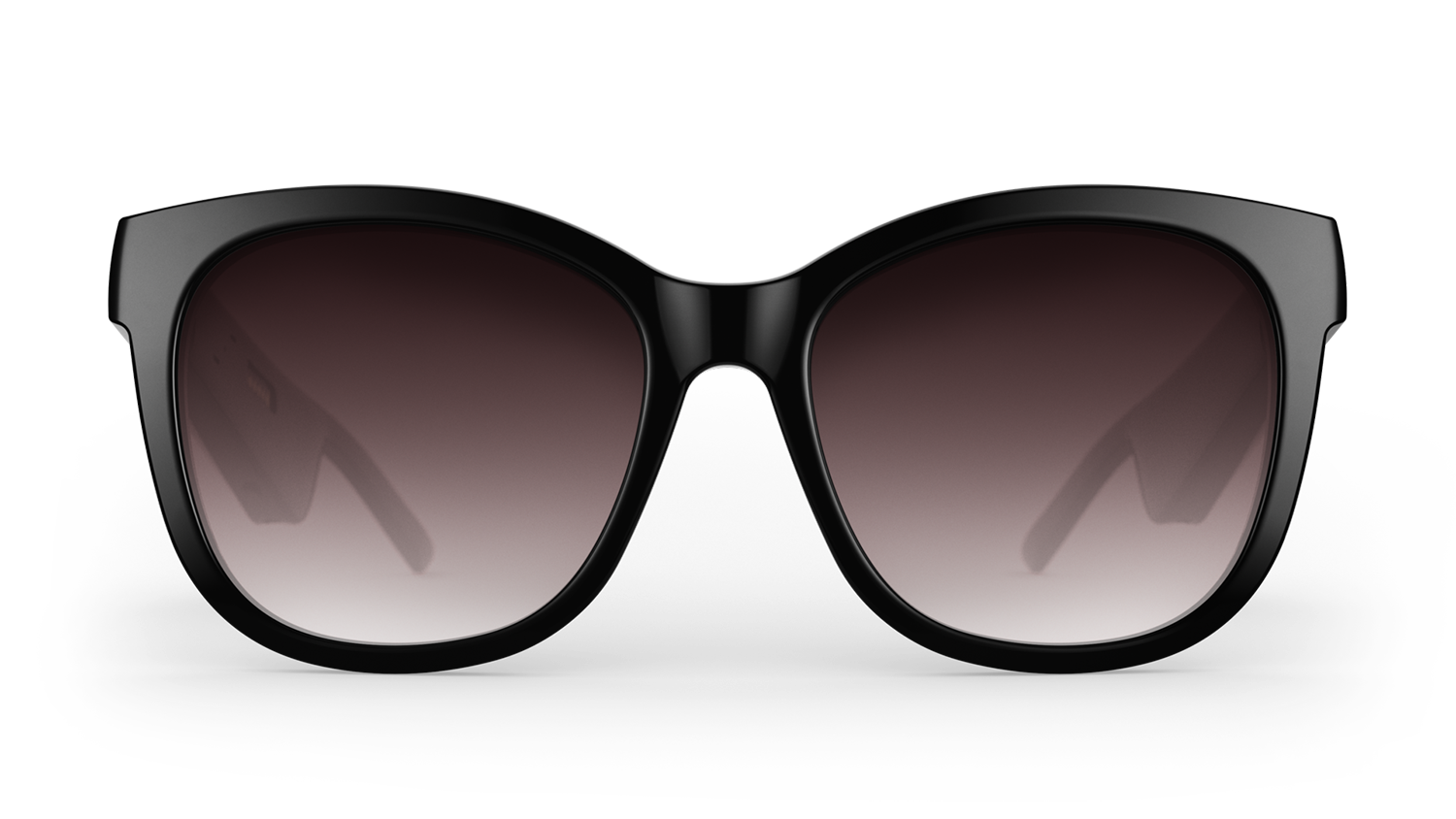 Black sunglasses with dark gradient lenses. The frames are thick and glossy, reflecting light. The background is black.