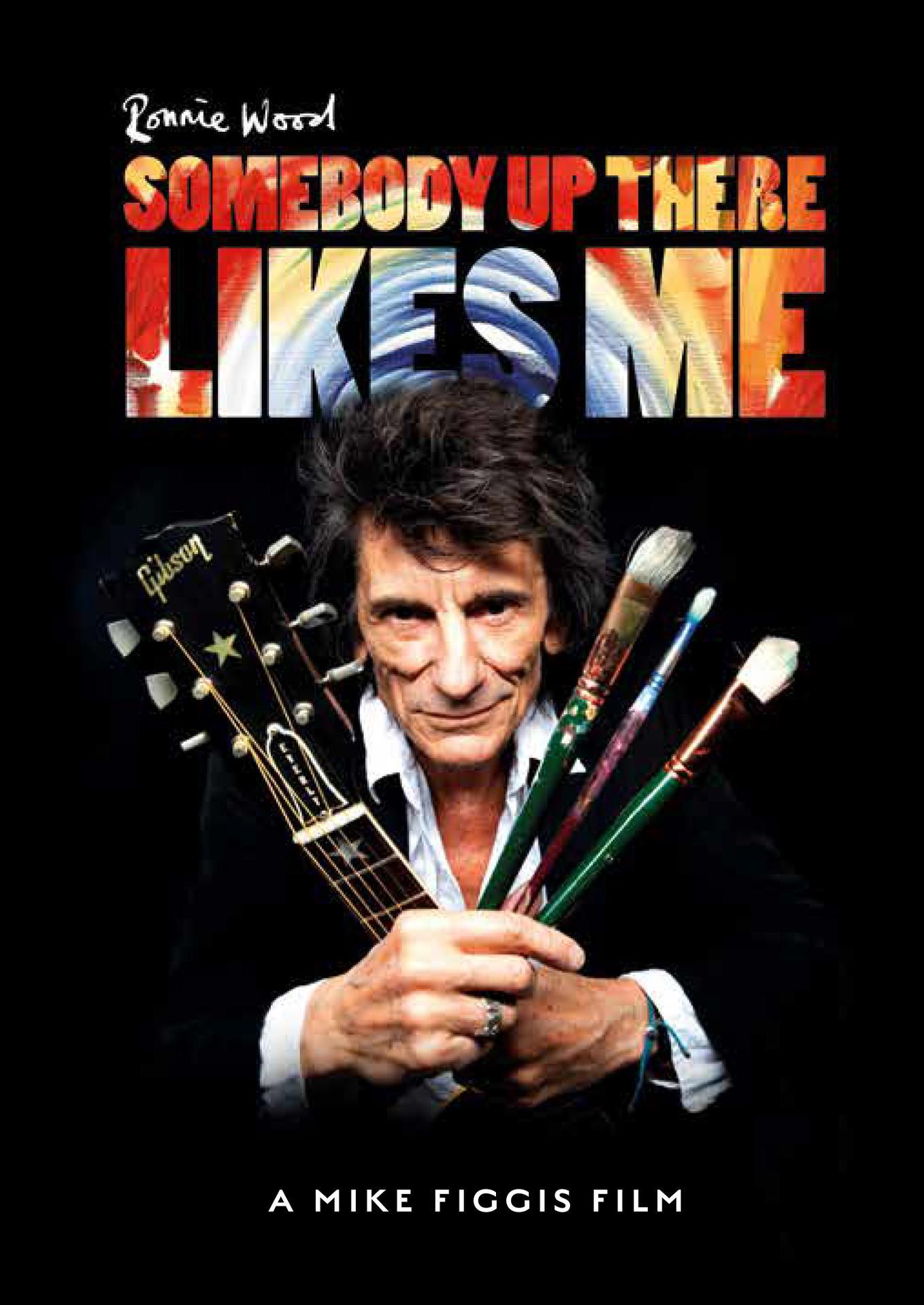 Ronnie Wood met een gitaar en penselen, filmposter.