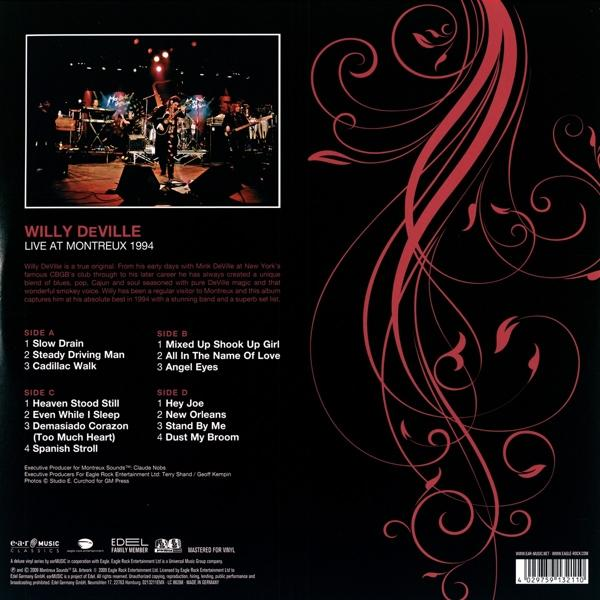 CD-Cover mit Willy DeVille live in Montreux 1994, einschliesslich Tracklisten und Banddetails.