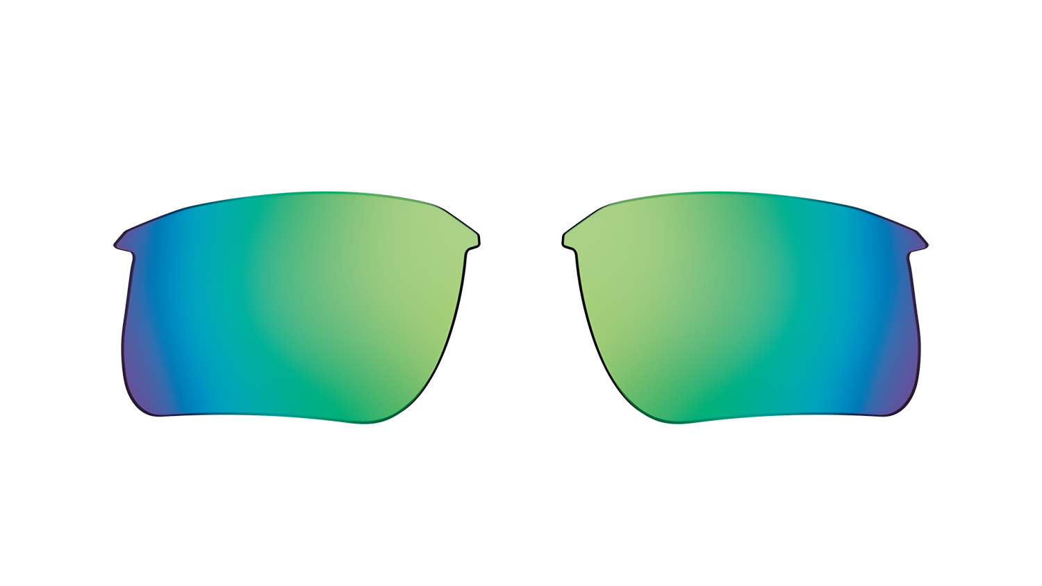 Twee paar zonnebrillenglazen in groen en blauw tegen een zwarte achtergrond.