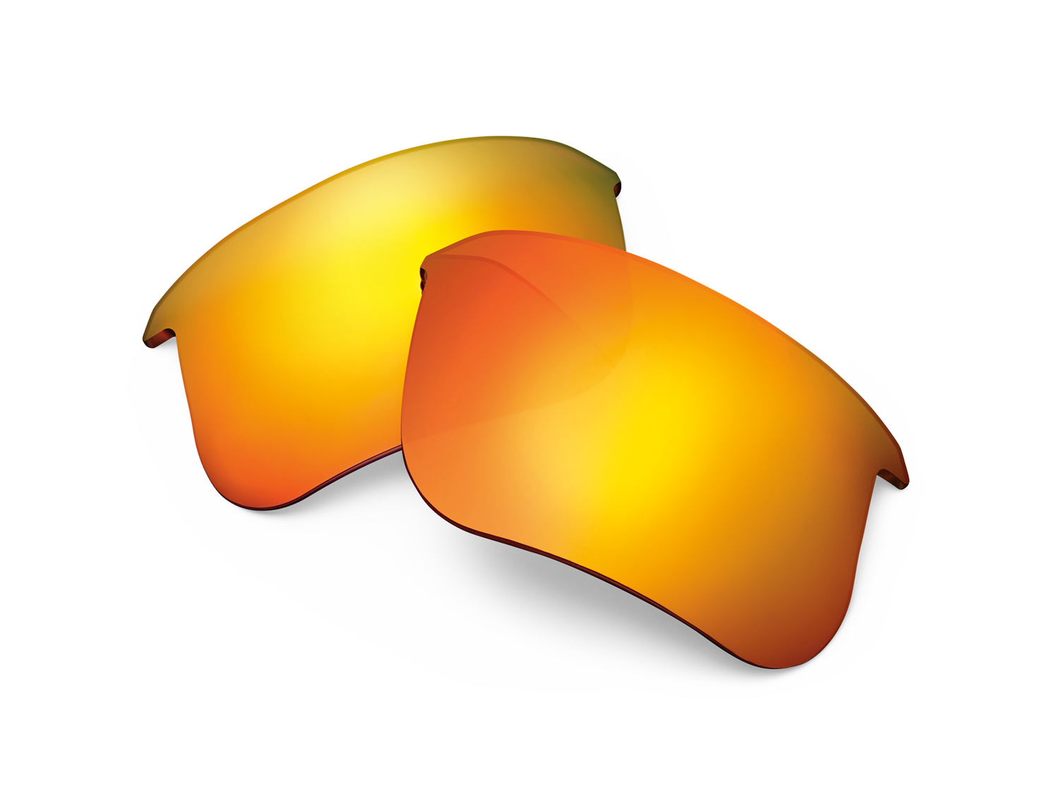 Two mirrored sunglasses lenses, yellow and orange, on a black background.
