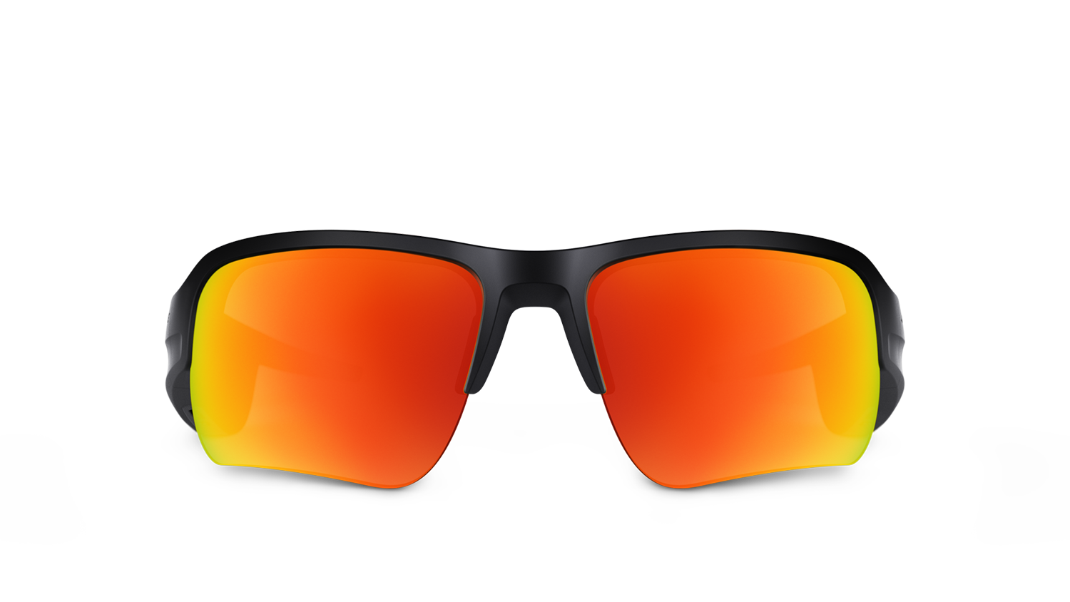 Black sunglasses with orange-red reflective lenses, a stylish look against a black background.