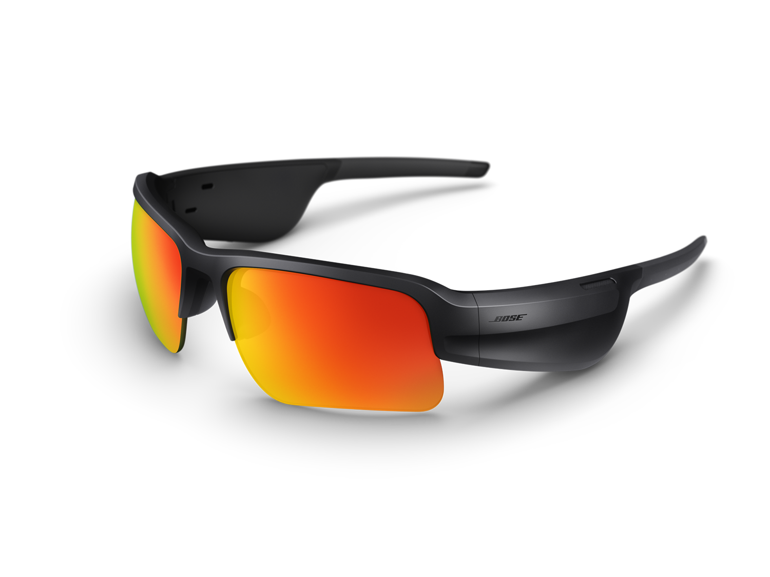 Black Bose sunglasses with orange lenses, isolated on a black background.