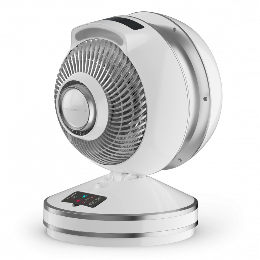 Ventilateur blanc et argenté, design circulaire, fond noir.