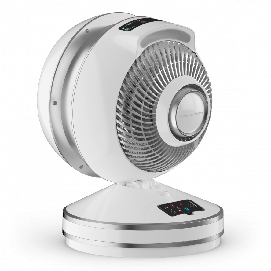 Un ventilateur de bureau blanc et argenté de forme ronde avec un panneau de contrôle à la base.