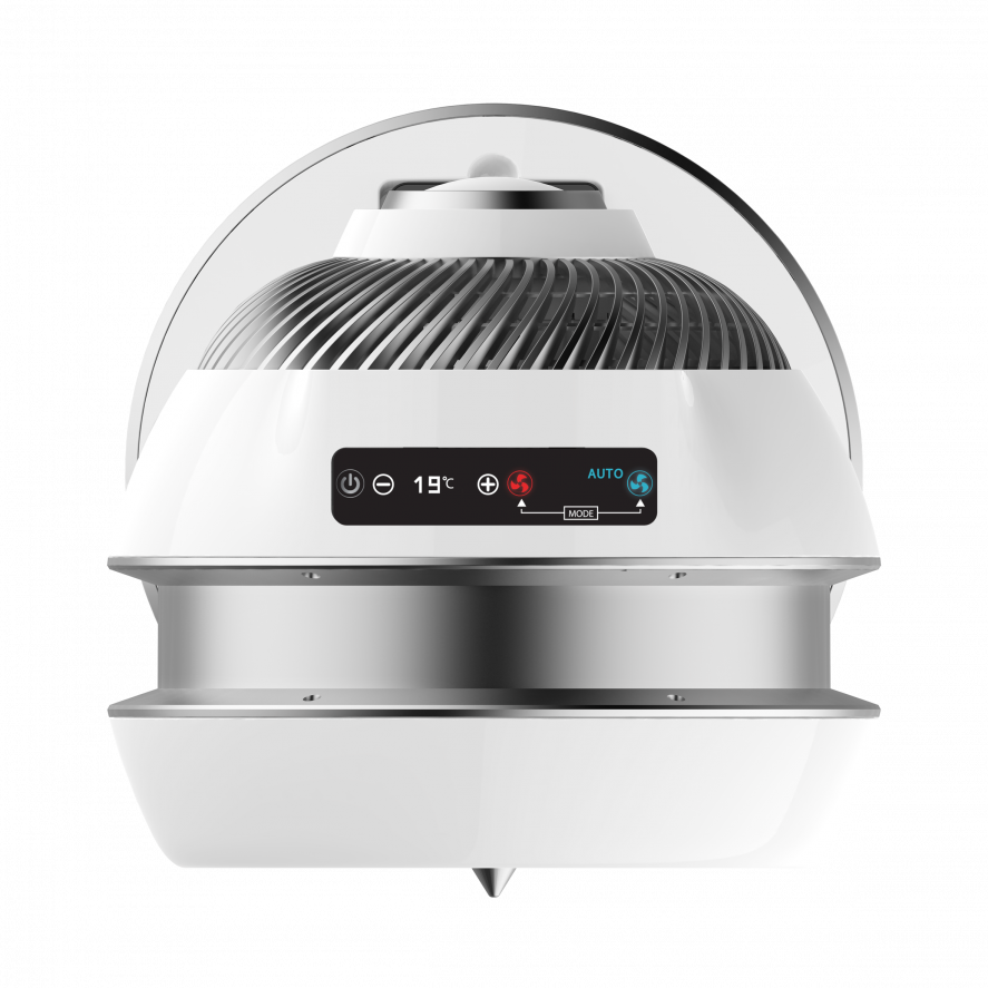 Un ventilateur blanc et argenté avec un dessus transparent, montrant un affichage avec des commandes numériques.