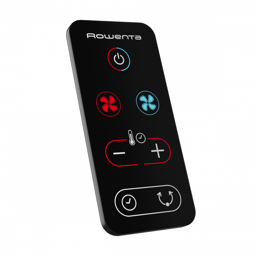 Une télécommande noire avec des boutons rouges et bleus.