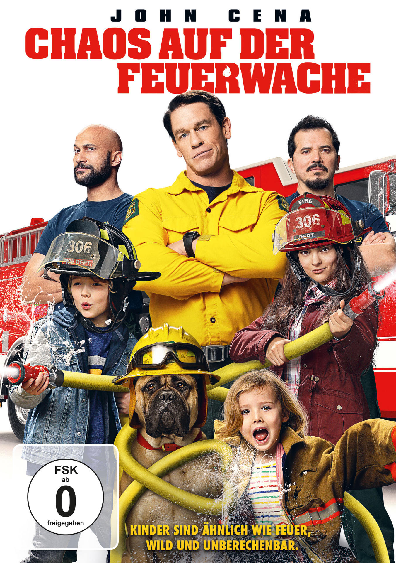 Filmplakat: John Cena, Feuerwehrleute, Kinder, Hund und Feuerwehrauto. Deutscher Titel: Chaos auf der Feuerwache.