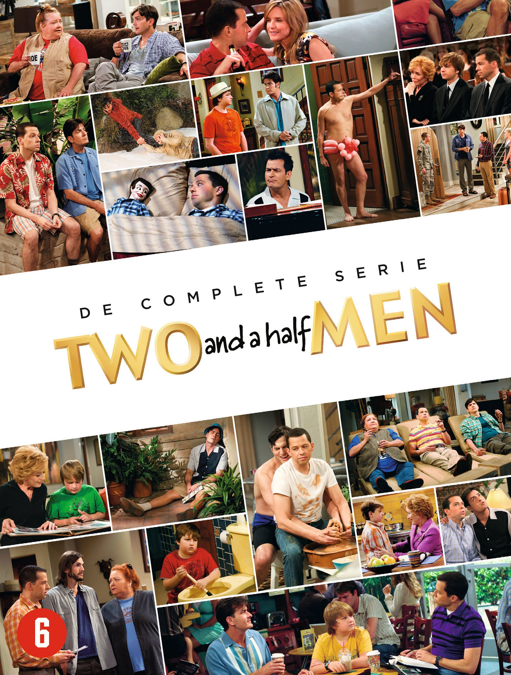 Couverture du coffret DVD 'Two and a Half Men'. Plusieurs scènes de l'émission sont affichées.