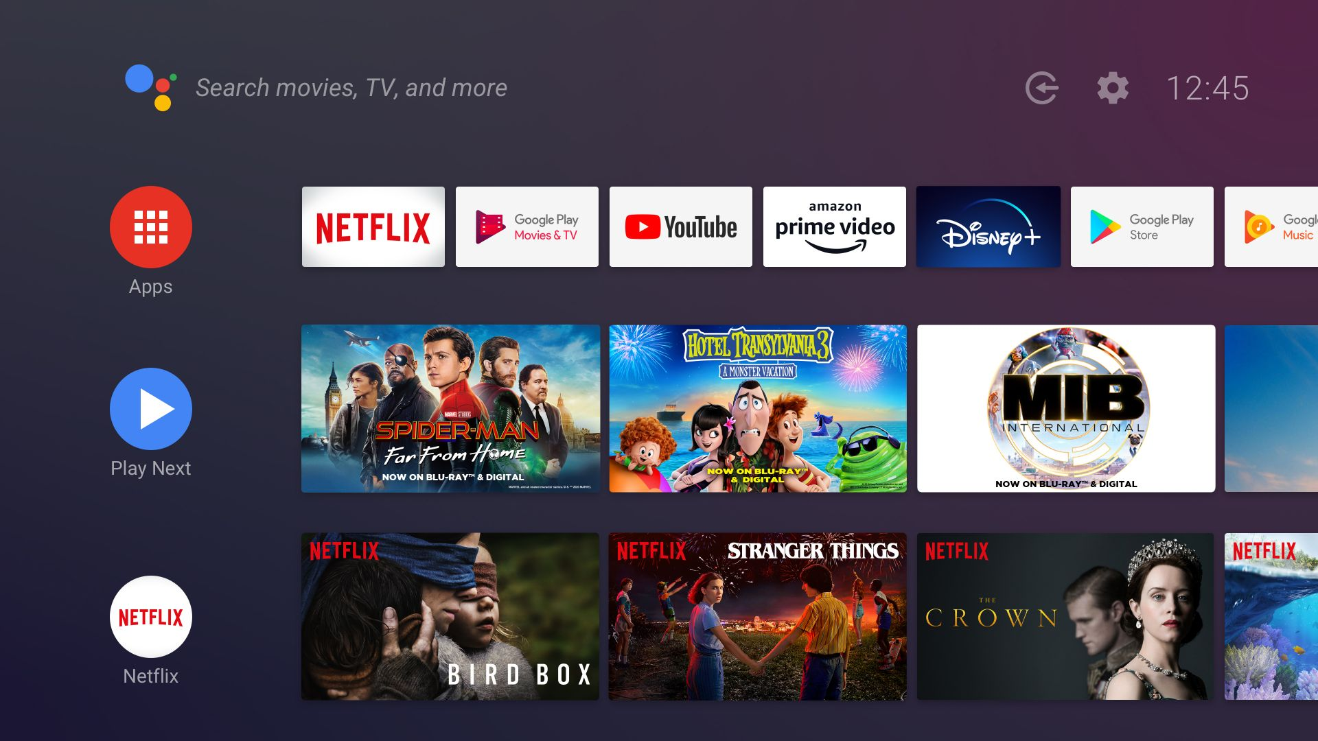 Una pantalla de TV con múltiples iconos de aplicaciones, incluyendo Netflix, YouTube y Prime Video.