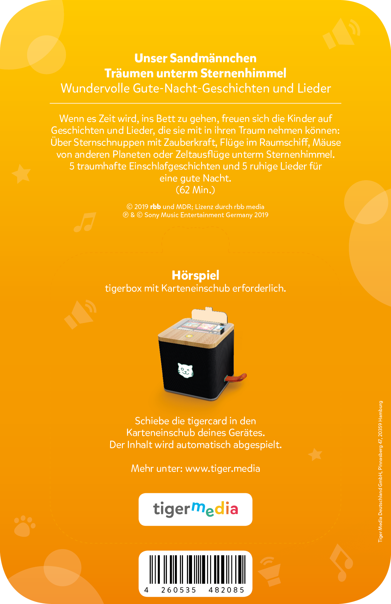 Rückseite einer Kinder-Audiokarte mit Text und einem Tigerbox-Bild.