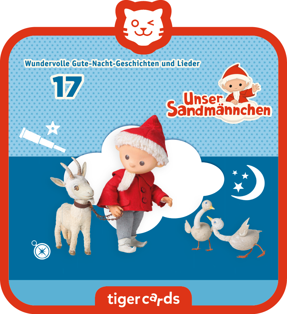Tiger Cards Karte. Cartoon-Bild von einem Sandmann, einer Ziege und zwei Enten, mit Text auf Deutsch.