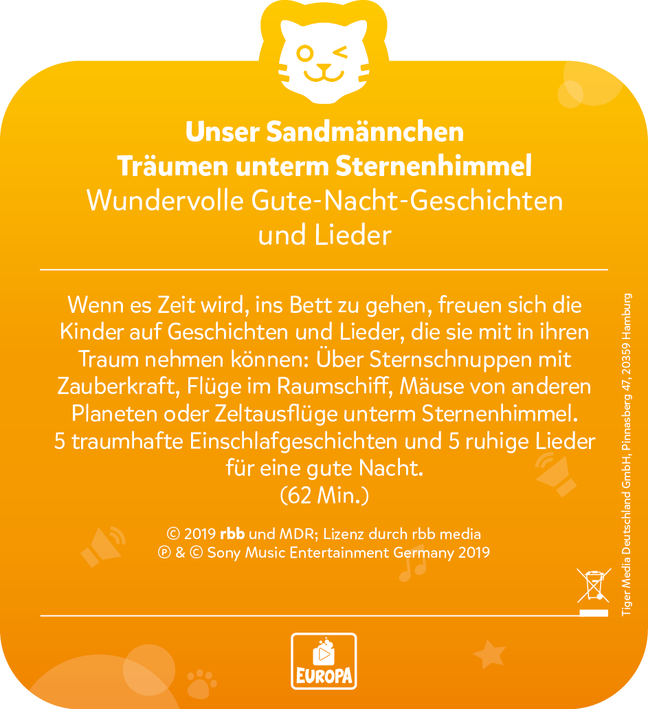 Eine gelb-orangefarbene Karte mit Text über Sandmann-Geschichten und -Lieder.