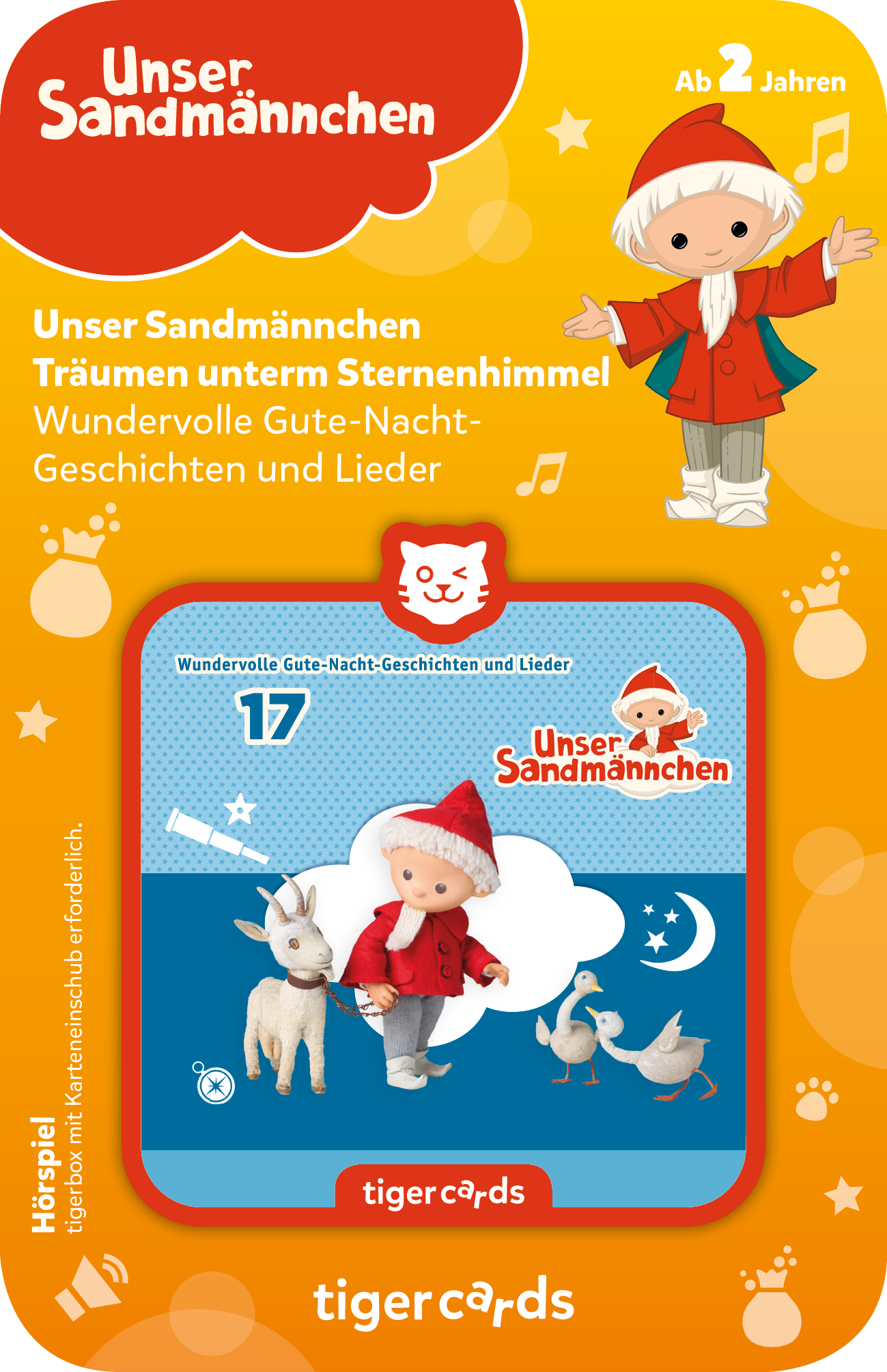 Karte für 'Unser Sandmännchen'. Cartoon Sandmann und Figuren auf buntem Hintergrund.